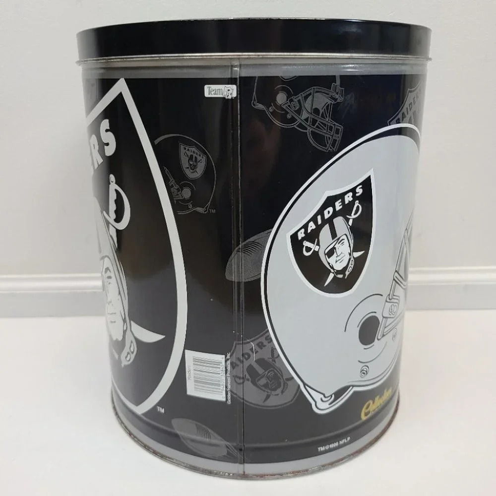 Vintage 1996 Oakland Raiders Metal Popcorn Tin Black Silver Large Size - Picture 6 of 16